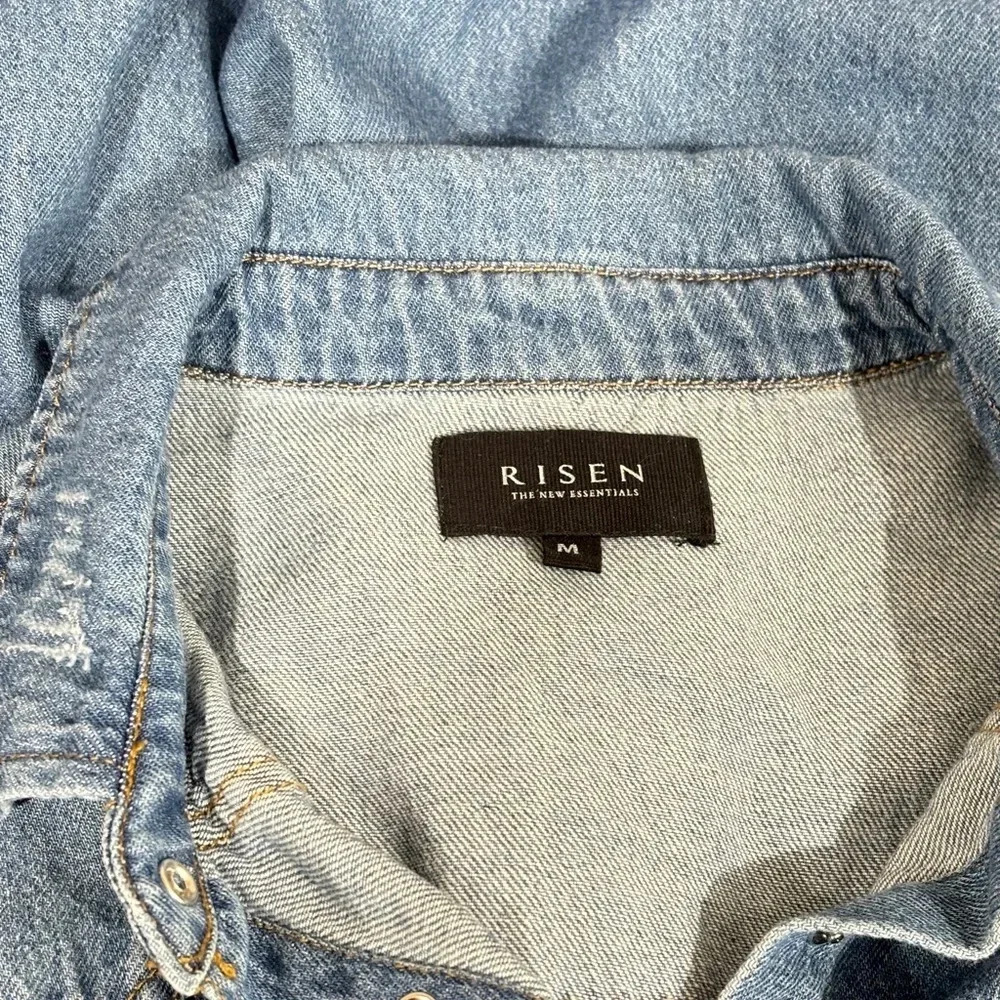 Risen Light Blue Distressed Denim Button-Down Shirt - Picture 3 of 5